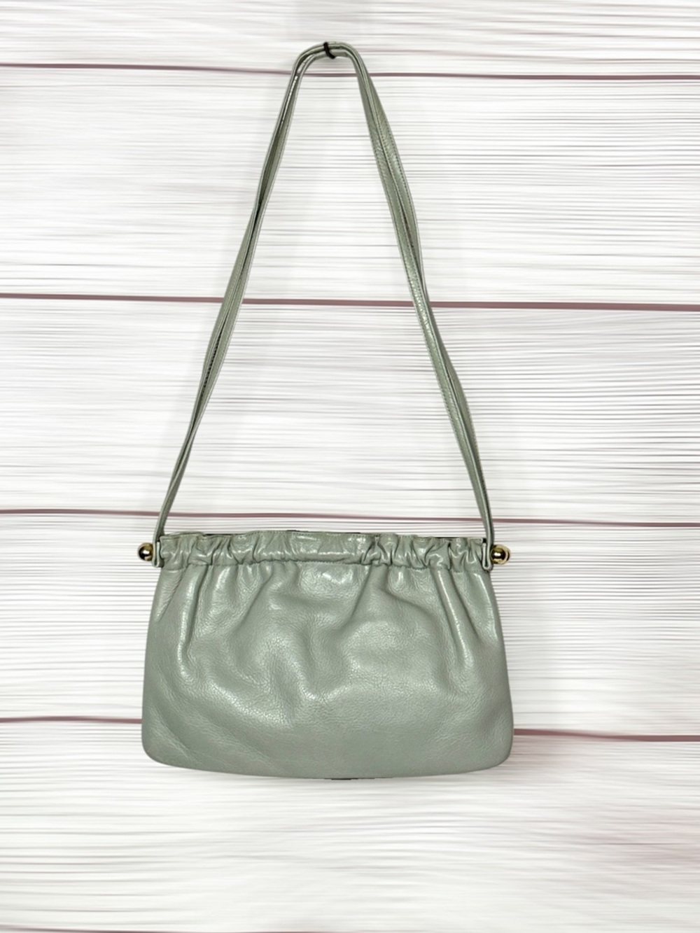 Susan Gail Leather Mini Shoulder Bag Purse Gray Ruched Bar Frame Vintage